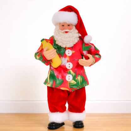 Santa Christmas ornament wearing tropical shirt holding a yellow bottle